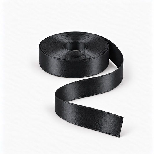 Satin Ribbon 25mm Black #10, flat coil with flowing S-shaped satin ribbon.