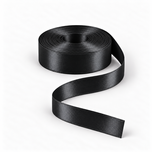 Ragland Fabrics satin ribbon 25mm, Black #10, broad ribbon roll and flowing ribbon on white.