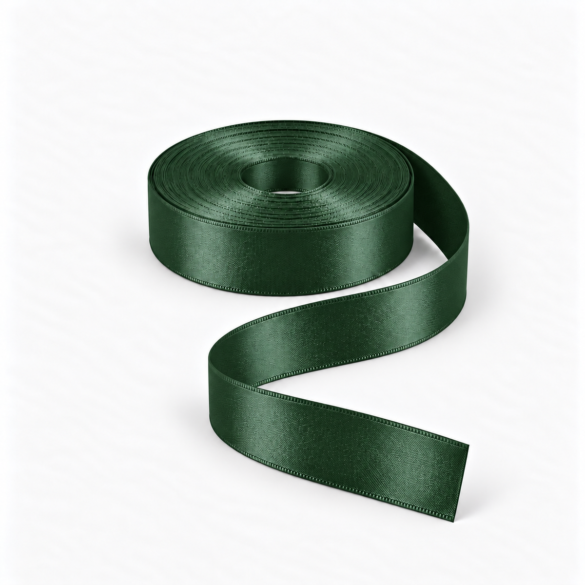 Satin Ribbon 25mm Bottle Green #126 discontinued darker shade, flat coil with flowing S-shaped satin ribbon.