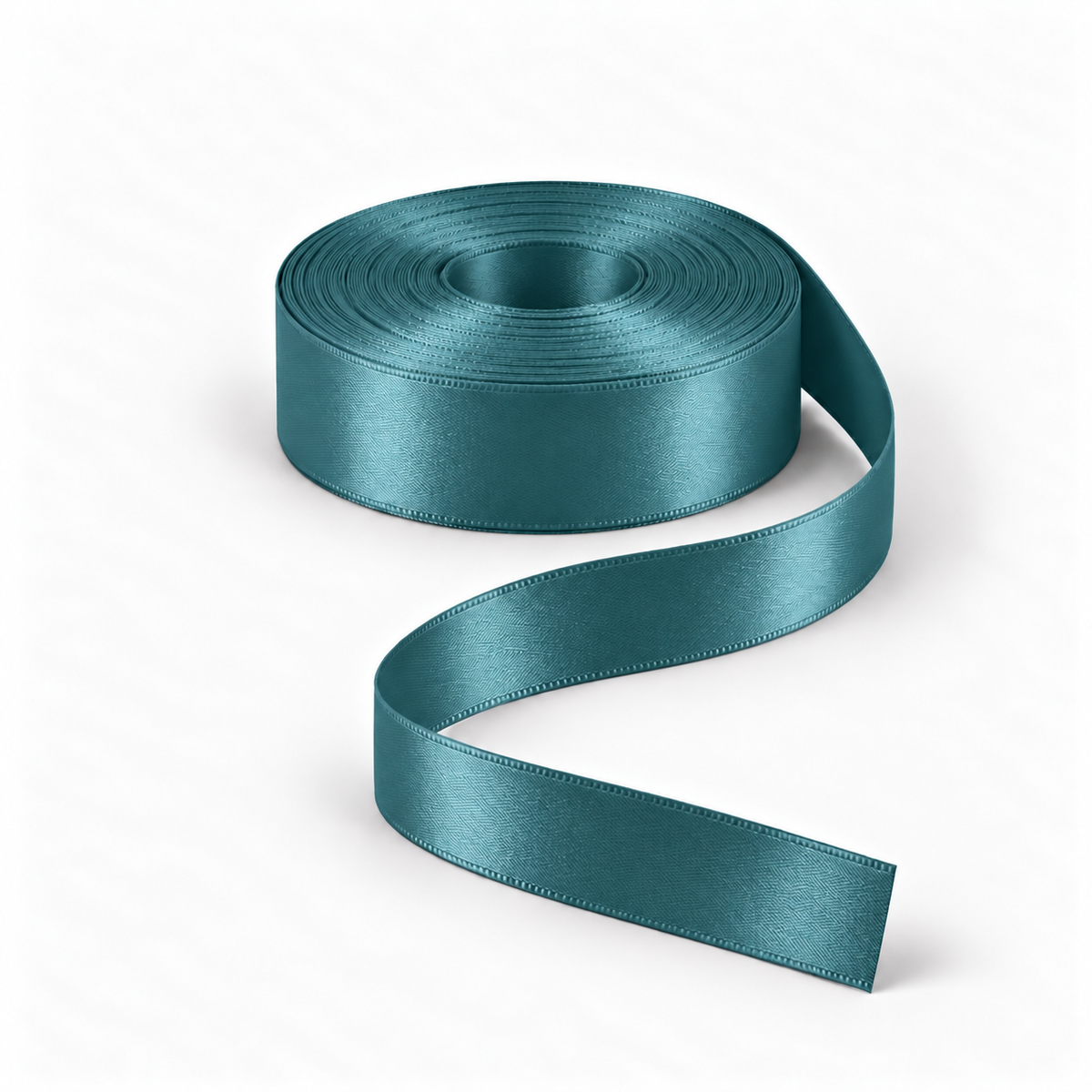 Ragland Fabrics satin ribbon 25mm, Bottle Green #B70, broad ribbon roll and flowing ribbon on white.