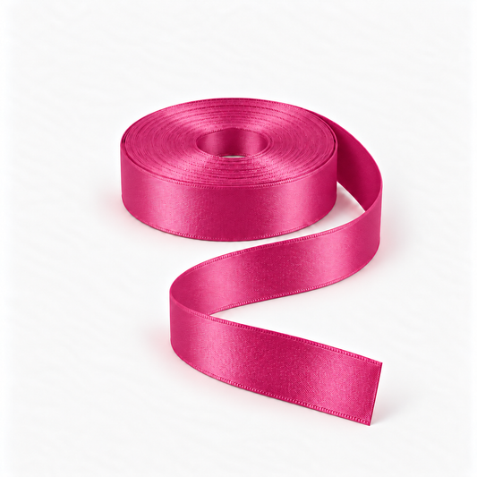 Satin Ribbon 25mm Cerise #516, flat coil with flowing S-shaped satin ribbon.