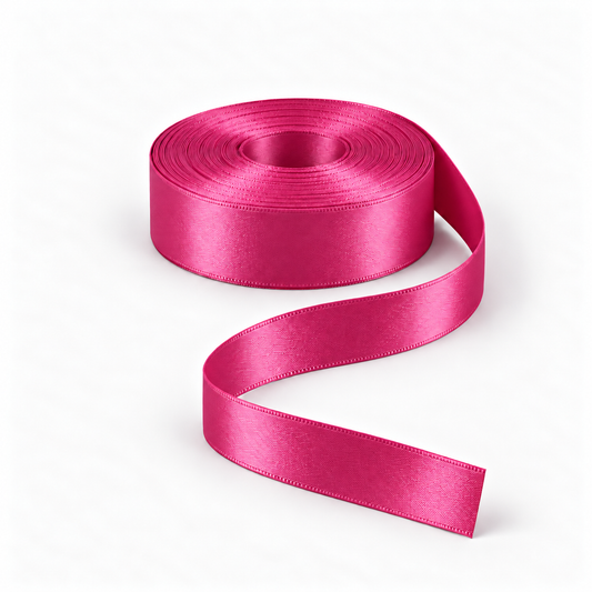 Ragland Fabrics satin ribbon 25mm, Cerise #516, broad ribbon roll and flowing ribbon on white.