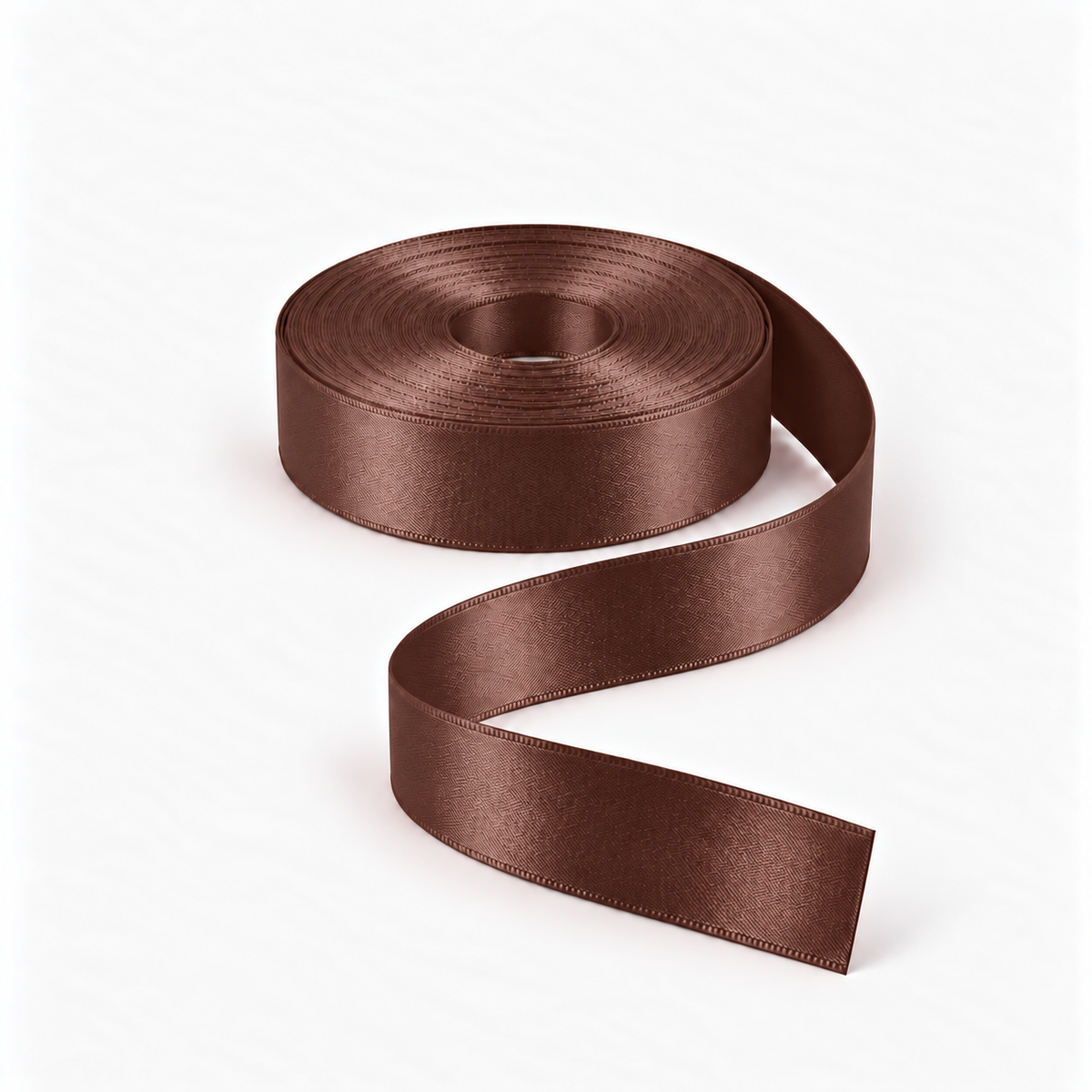 Satin Ribbon 25mm Dark Brown #B59, flat coil with flowing S-shaped satin ribbon.