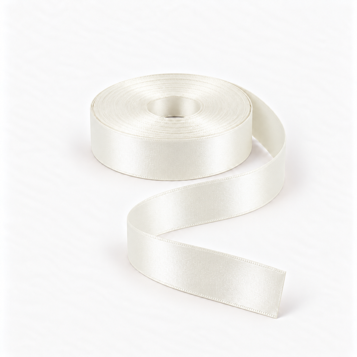 Satin Ribbon 25mm Cream #275, flat coil with flowing S-shaped satin ribbon.