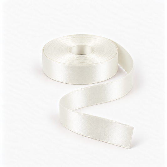 Satin Ribbon 25mm Cream #275, flat coil with flowing S-shaped satin ribbon.
