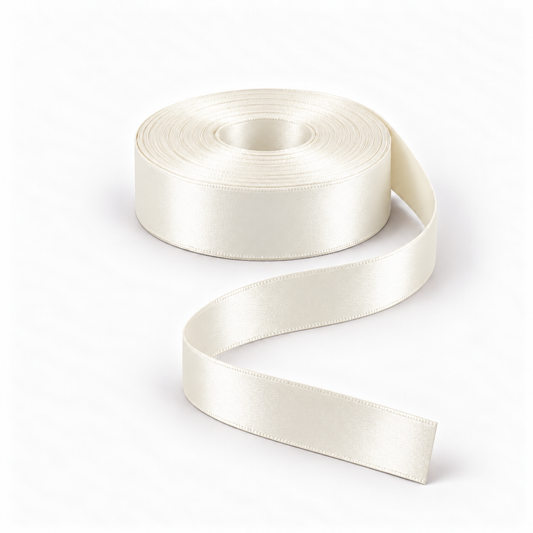 Ragland Fabrics satin ribbon 25mm, Cream #275, broad ribbon roll and flowing ribbon on white.