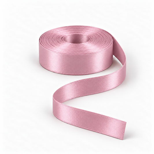 Ragland Fabrics satin ribbon 25mm, Dusty Pink #60, broad ribbon roll and flowing ribbon on white.