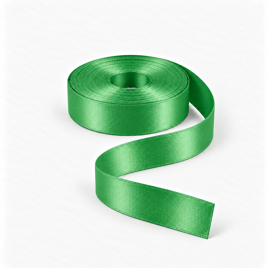 Satin Ribbon 25mm Emerald Green #23, flat coil with flowing S-shaped satin ribbon.