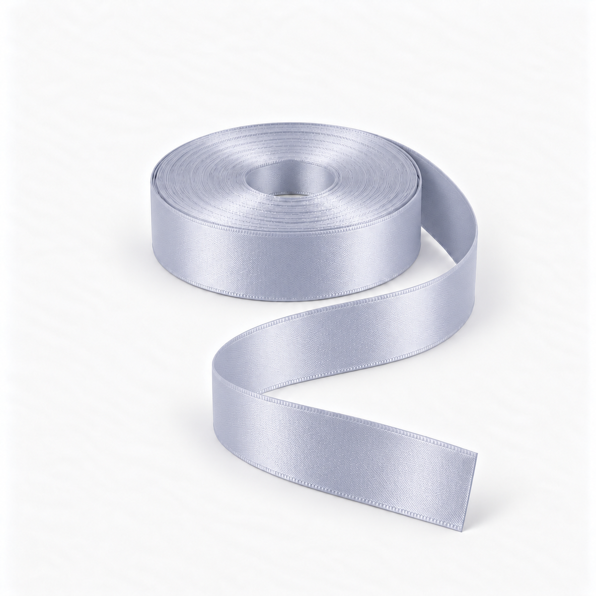 Satin Ribbon 25mm Light Grey #3107, flat coil with flowing S-shaped satin ribbon.