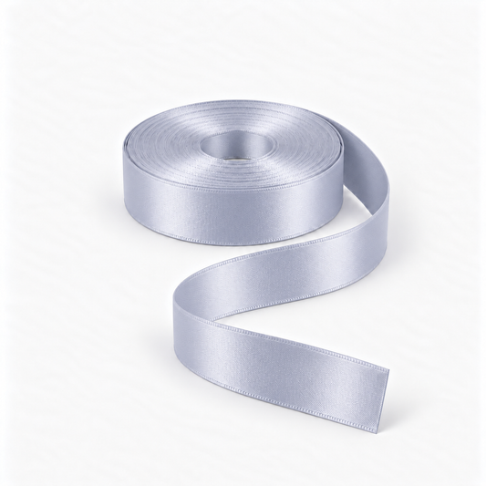 Satin Ribbon 25mm Light Grey #3107, flat coil with flowing S-shaped satin ribbon.