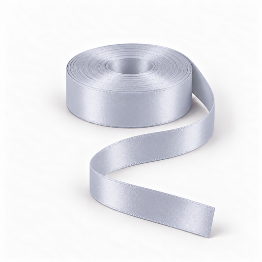 Ragland Fabrics satin ribbon 25mm, Light Grey #3107, broad ribbon roll and flowing ribbon on white.
