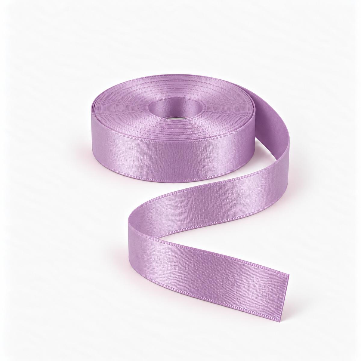 Satin Ribbon 25mm Lilac #07, flat coil with flowing S-shaped satin ribbon.