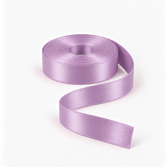 Satin Ribbon 25mm Lilac #07, flat coil with flowing S-shaped satin ribbon.