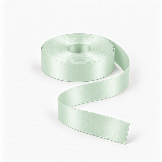 Satin Ribbon 25mm Mint #56, flat coil with flowing S-shaped satin ribbon.