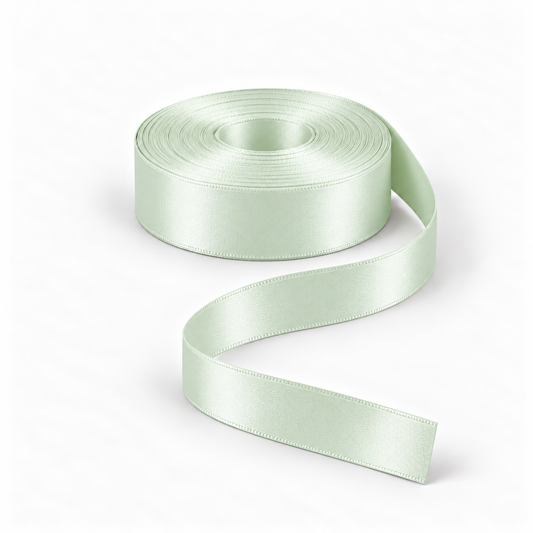 Ragland Fabrics satin ribbon 25mm, Mint #56, broad ribbon roll and flowing ribbon on white.