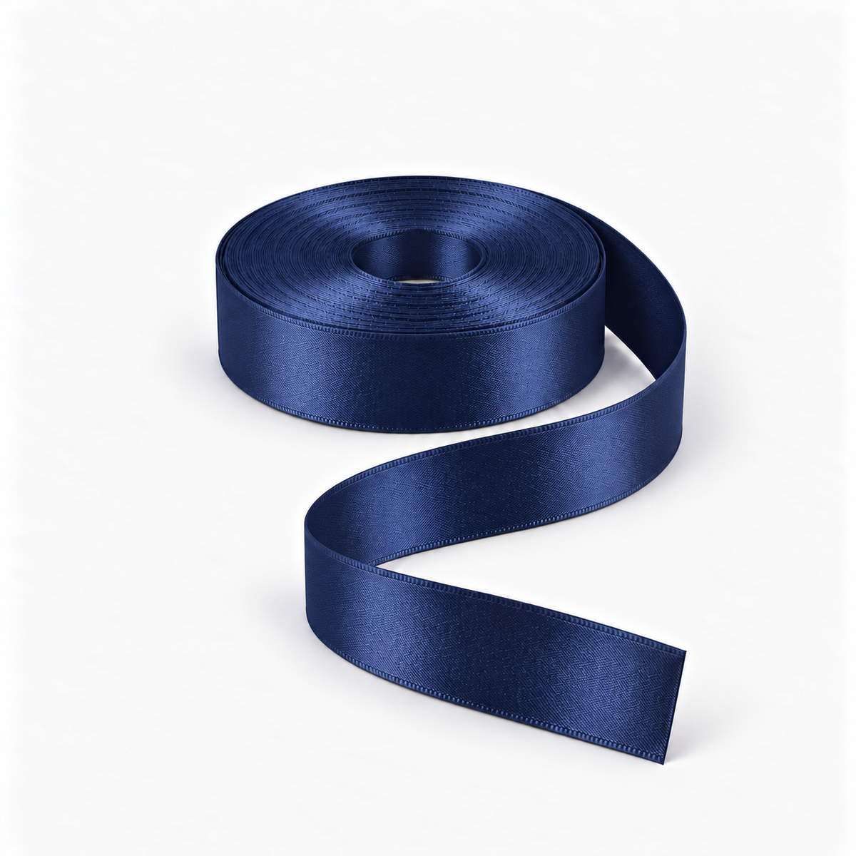 Satin Ribbon 25mm Navy #13, flat coil with flowing S-shaped satin ribbon.