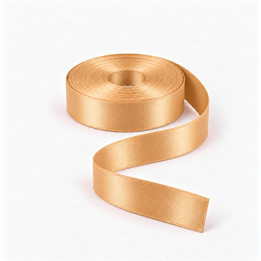 Satin Ribbon 25mm Old Gold #82, flat coil with flowing S-shaped satin ribbon.