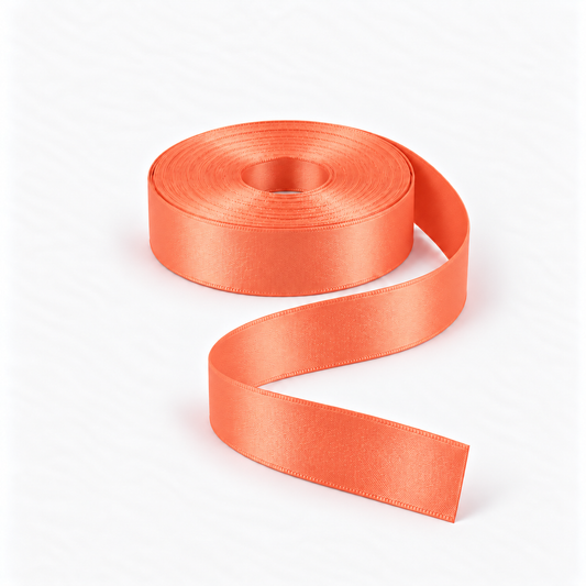 Satin Ribbon 25mm Orange #42, flat coil with flowing S-shaped satin ribbon.