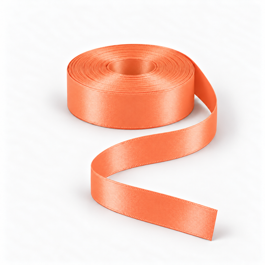 Ragland Fabrics satin ribbon 25mm, Orange #42, broad ribbon roll and flowing ribbon on white.