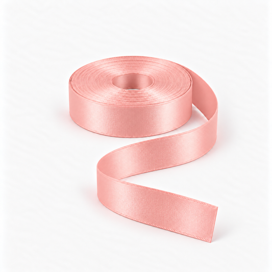 Satin Ribbon 25mm Peach #923, flat coil with flowing S-shaped satin ribbon.