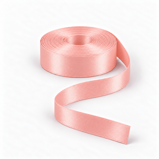 Ragland Fabrics satin ribbon 25mm, Peach #923, broad ribbon roll and flowing ribbon on white.