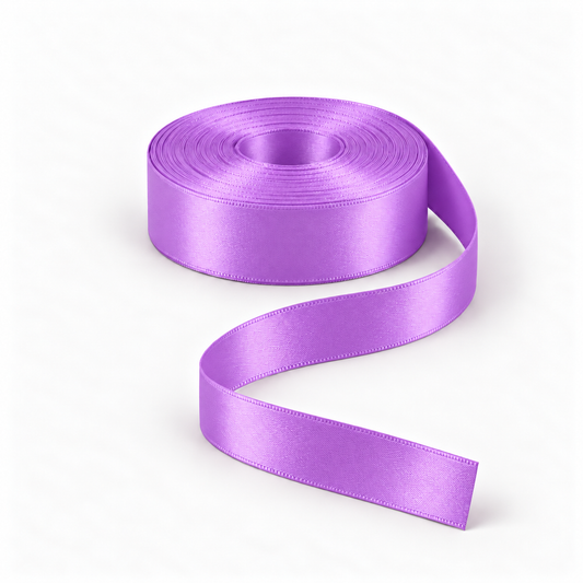 Ragland Fabrics satin ribbon 25mm, Purple #19, broad ribbon roll and flowing ribbon on white.