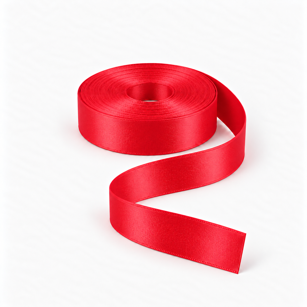 Satin Ribbon 25mm Red #15, flat coil with flowing S-shaped satin ribbon.