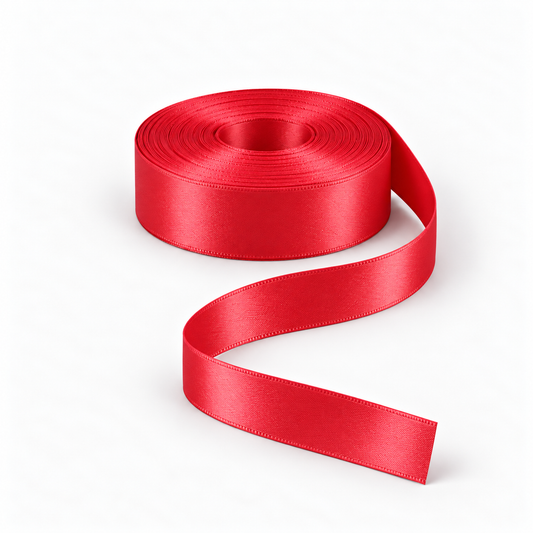 Ragland Fabrics satin ribbon 25mm, Red #15, broad ribbon roll and flowing ribbon on white.
