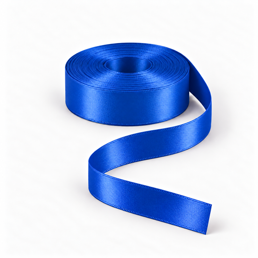 Ragland Fabrics satin ribbon 25mm, Royal Blue #243, broad ribbon roll and flowing ribbon on white.