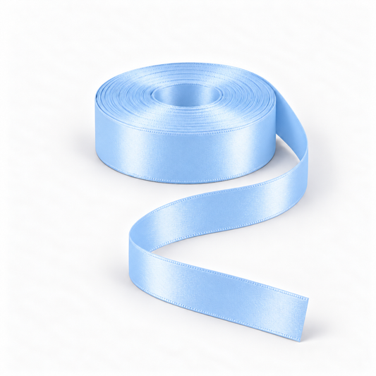 Ragland Fabrics satin ribbon 25mm, Sky Blue #76, broad ribbon roll and flowing ribbon on white.