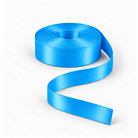 Ragland Fabrics satin ribbon 25mm, Teal #8332, broad ribbon roll and flowing ribbon on white.
