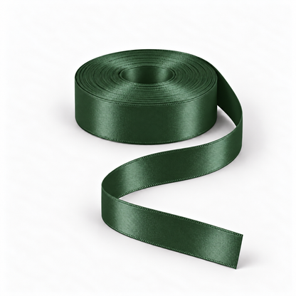 Ragland Fabrics satin ribbon 25mm, Bottle Green #126, broad ribbon roll and flowing ribbon on white.