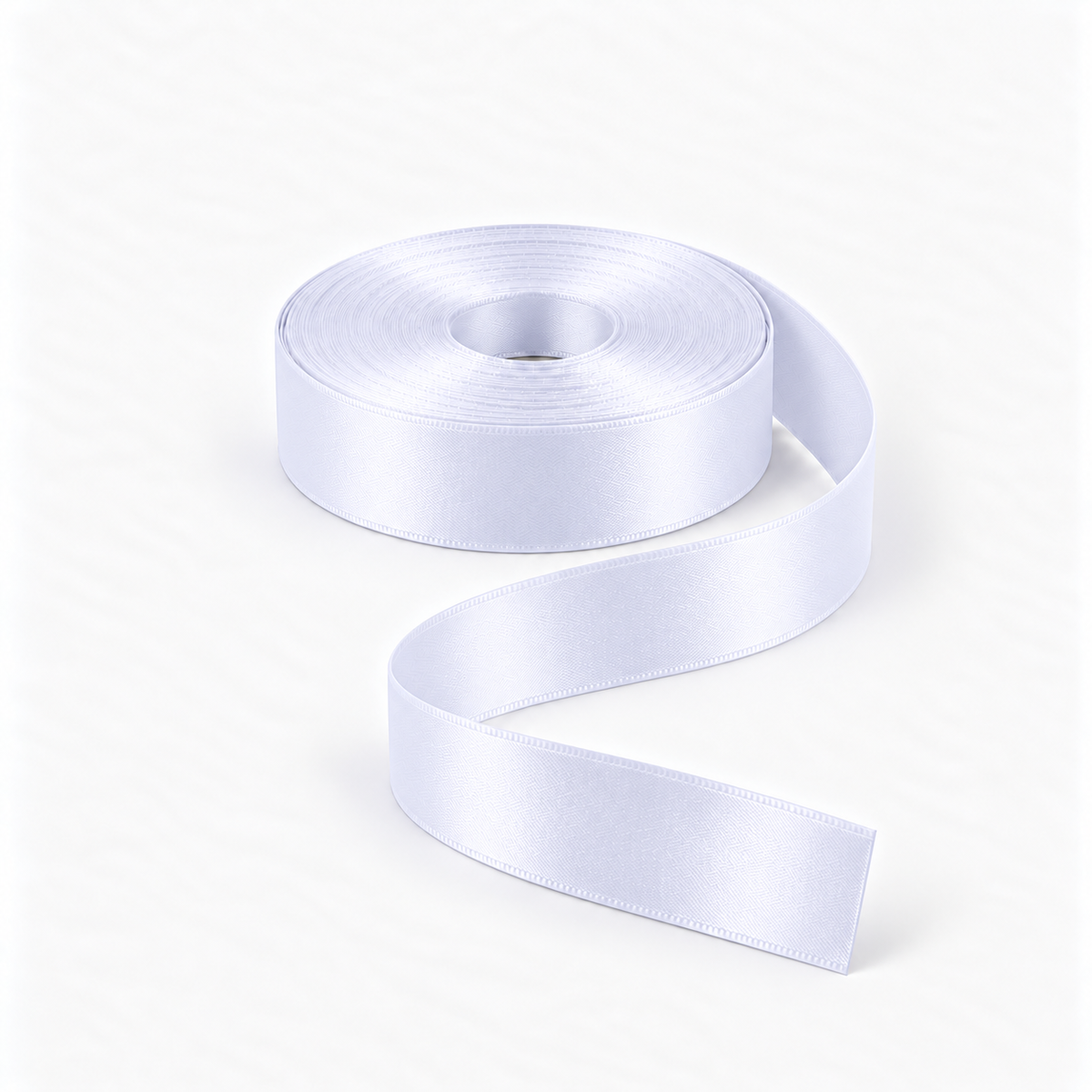 Satin Ribbon 25mm White #01, flat coil with flowing S-shaped satin ribbon.