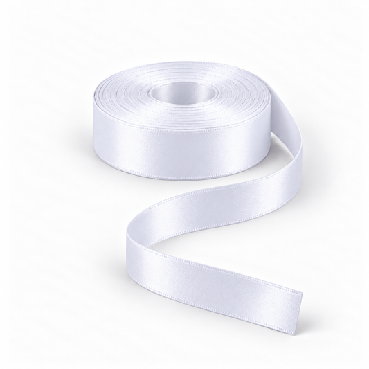 Ragland Fabrics satin ribbon 25mm, White #01, broad ribbon roll and flowing ribbon on white.