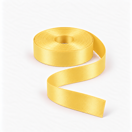 Satin Ribbon 25mm Yellow #270, flat coil with flowing S-shaped satin ribbon.