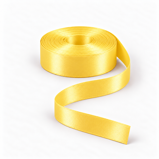 Ragland Fabrics satin ribbon 25mm, Yellow #270, broad ribbon roll and flowing ribbon on white.