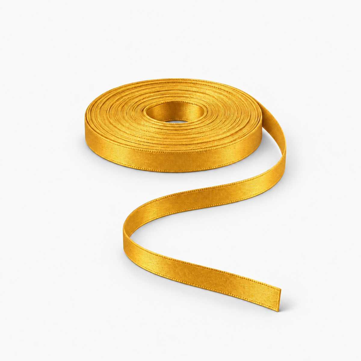 Satin Ribbon 6mm Mustard #B58, flat coil with flowing ribbon tail on a white background