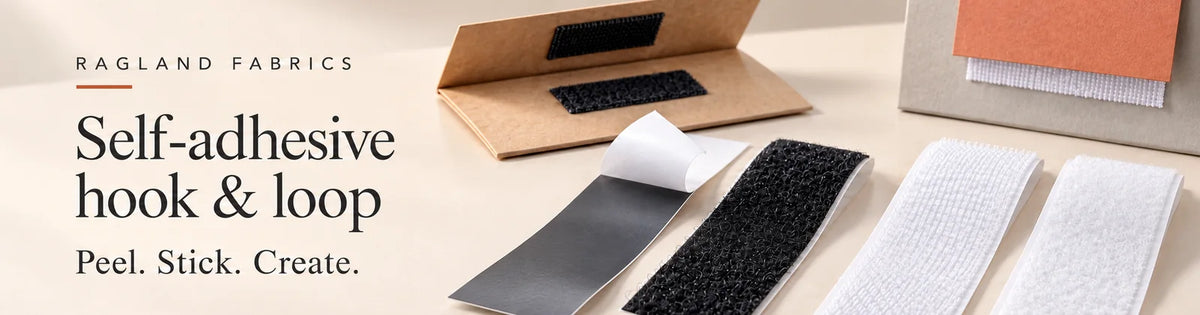 Ragland Fabrics self-adhesive hook and loop in black and white, with peel-back adhesive, a craft closure and removable display card.