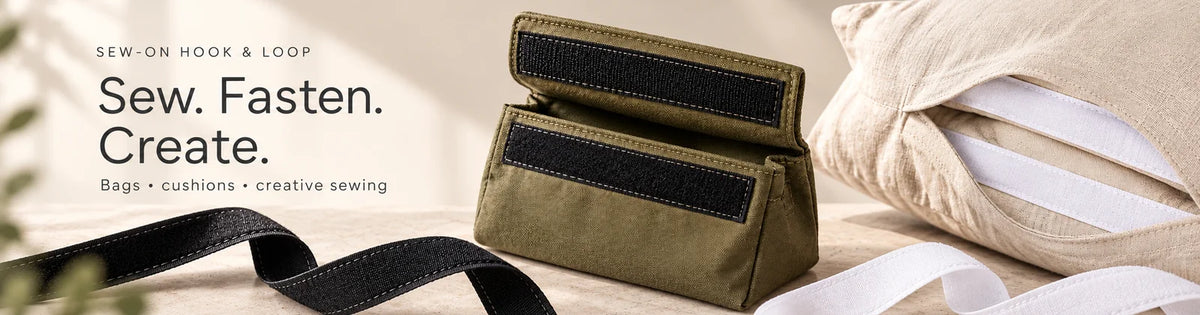 Sew-on hook-and-loop tape stitched to an olive fabric pouch and a neutral cushion cover, with black and white tape in a sewing-studio setting.