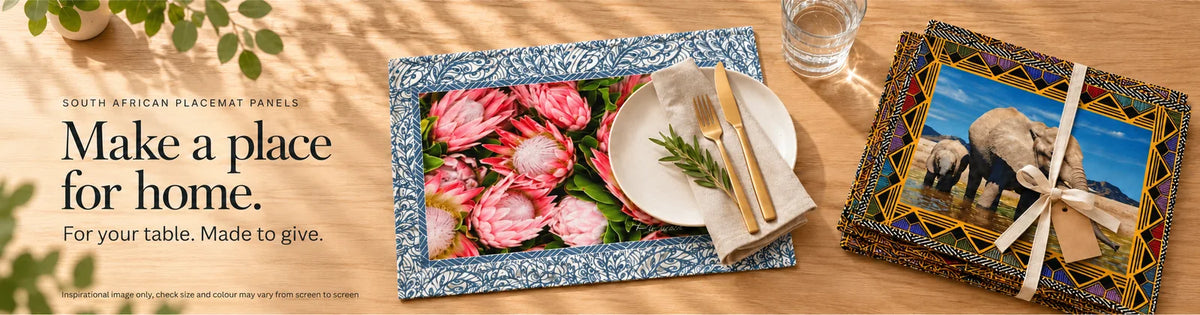 South African placemat fabric panels styled as a Flora dining placemat and a Safari handmade gift set. Make a place for home.