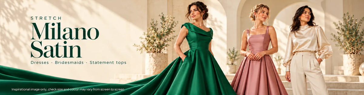 Stretch Milano Satin collection: emerald evening dress, dusty-rose bridesmaid dress and parchment statement blouse.