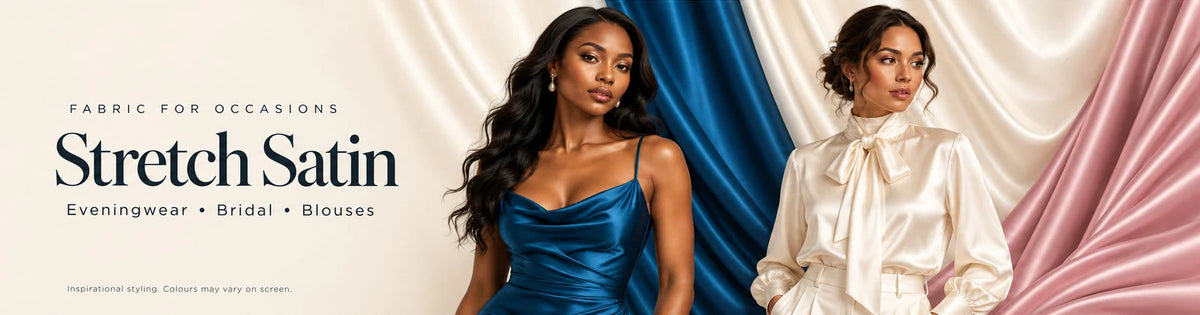 Stretch Satin fabric inspiration: petrol blue evening dress, ivory blouse and dusty pink satin, for eveningwear, bridal and blouses.