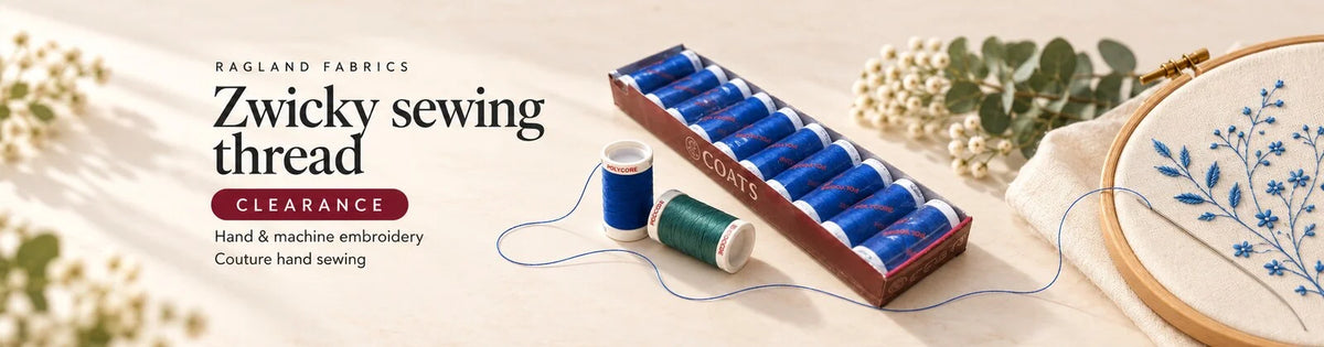 Zwicky sewing thread clearance at Ragland Fabrics, with boxed blue spools and embroidery inspiration