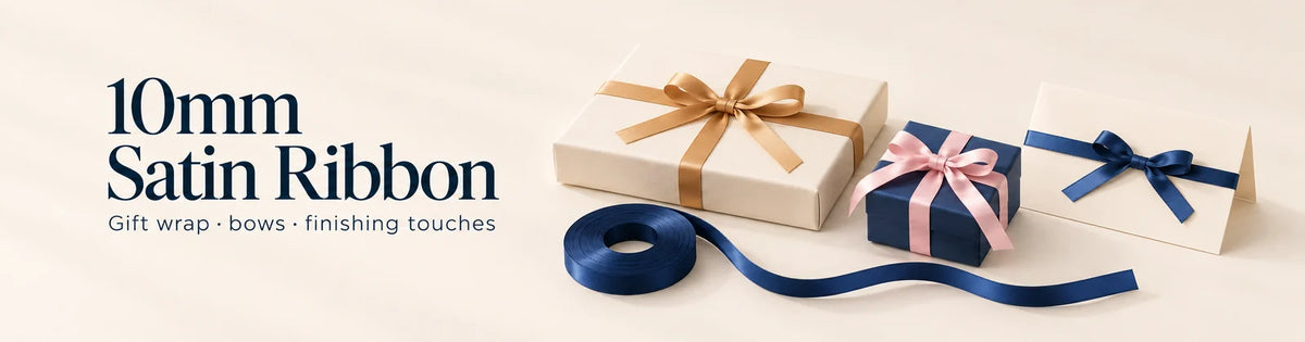 10mm satin ribbon for gift wrapping, bows and finishing touches in navy, baby pink and old gold.