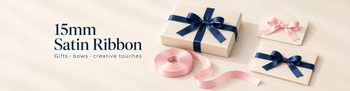15mm satin ribbon for gifts, bows and creative touches, with navy and baby pink ribbons.