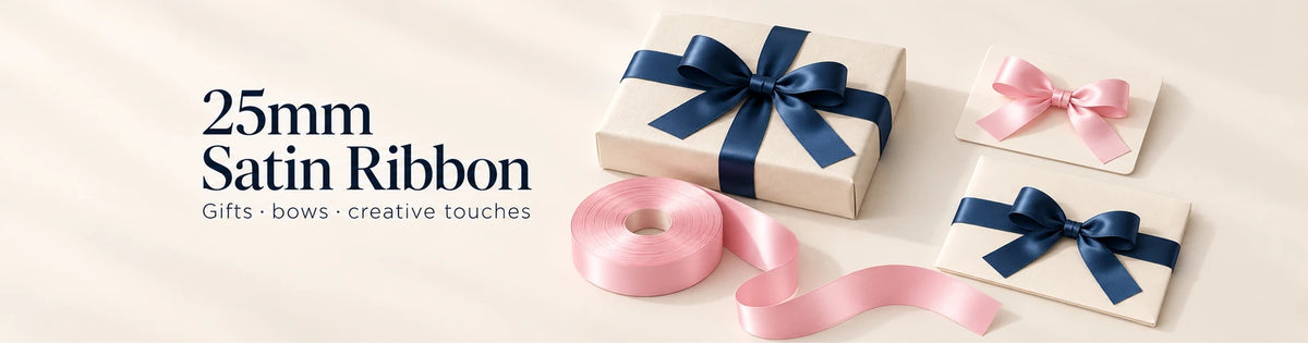 25mm satin ribbon for gifts, bows and creative touches, with navy and baby pink ribbons.