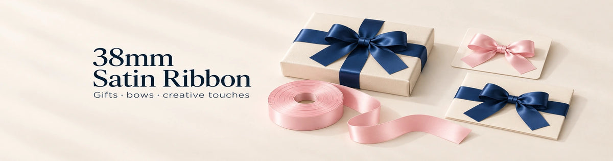 38mm satin ribbon for gifts, bows and creative touches, with navy and baby pink ribbons.