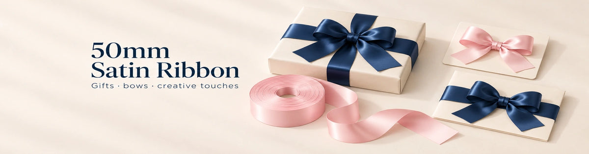 50mm satin ribbon for gifts, bows and creative touches, with navy and baby pink ribbons.