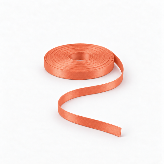 Orange satin ribbon, 6 mm, colour #42, shown as a roll with a loose ribbon tail