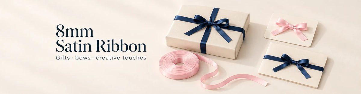 8mm satin ribbon for gifts, bows and creative touches, with navy and baby pink ribbons.